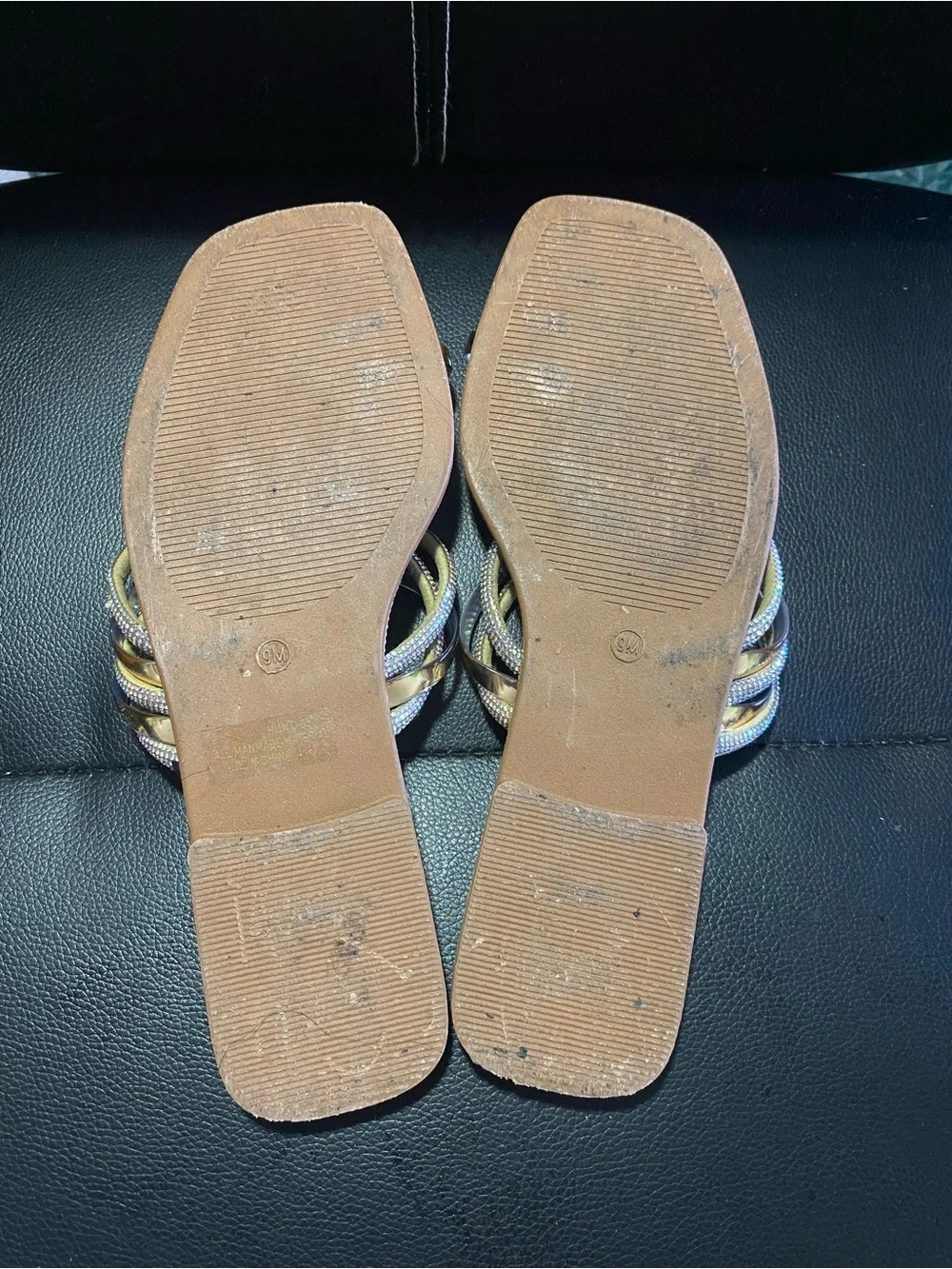 Bamboo Gold Metallic Strappy Slide Sandals with Rhinestones Size 9